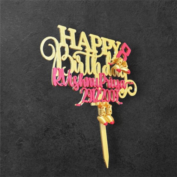 Happy Birthday Articulated Cake Topper – Silk Gold & Red + Stick - Image 2