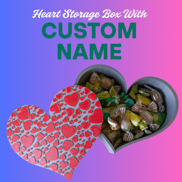 Custom Name Heart-Shaped Storage Box – 3D Printed Gift Box | Grey, Red & White | 200x161x50mm | Personalized Keepsake or Chocolate Holder