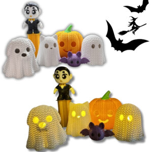 Halloween 3D Printed Tealight Décor Toys Set – Knitted Design (Pack of 6) with 5 Tealight Candles